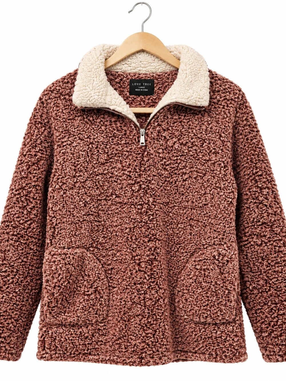 Love Tree Rosewood/Mauve Teddy Sherpa Half-Zip Jacket with Cream Collar Large